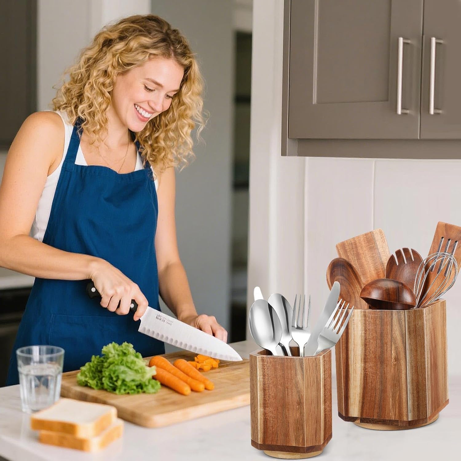 SiliFine 2 Pack Wooden Utensil Holder, 360°Rotating Kitchen Cooking Utensil Crock, Spoon Spatula Holder for Kitchen Counter, Farmhouse Countertop Organizer(Acacia,Square)