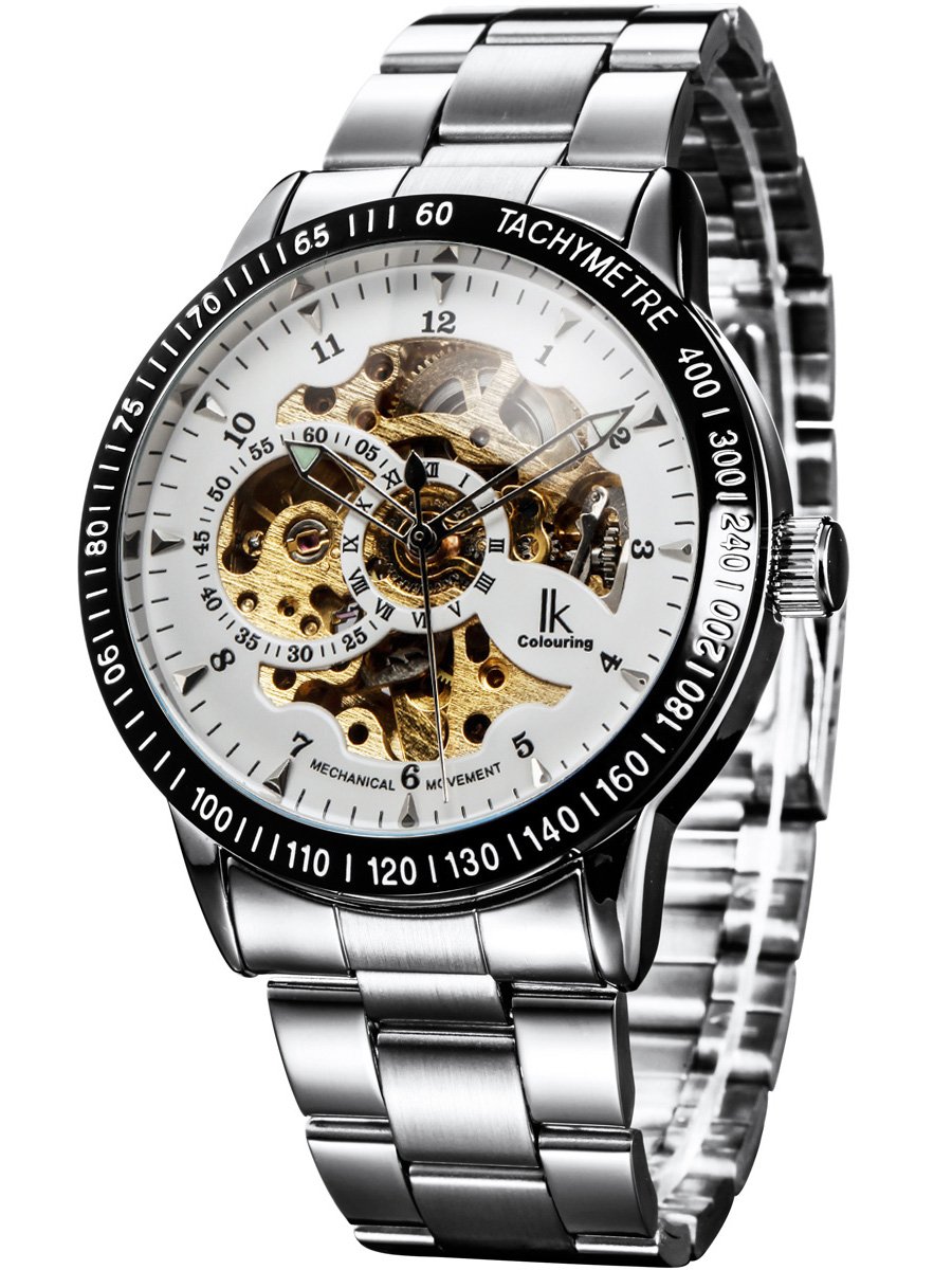 Alienwork IK Reloj Automático Hombre Mujer Plateado Pulsera de Metal Acero Blanco Esqueleto Fondo de Vidrio