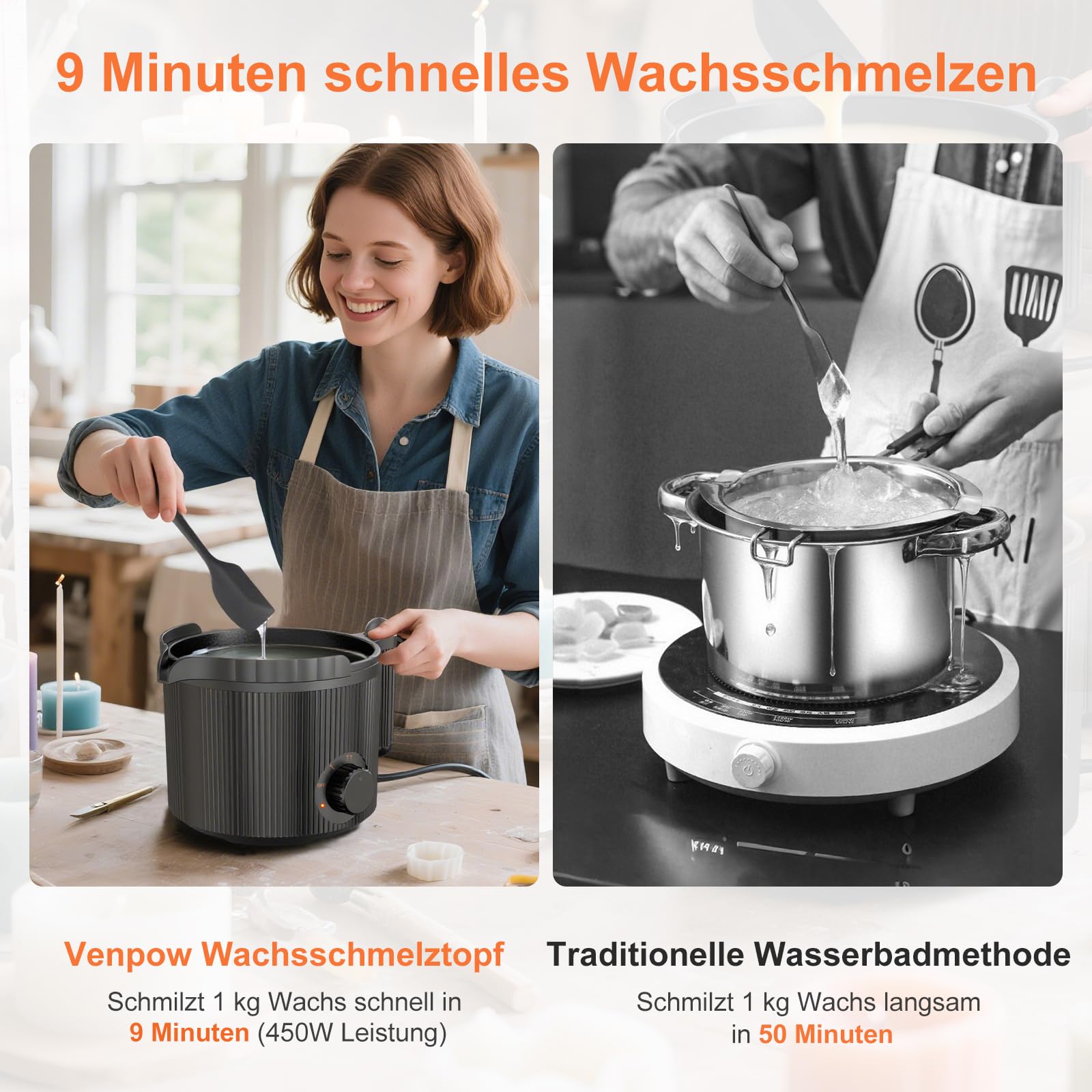 TECKZOON Elektrische wassmelter 1,8 l, 600 W wassmeltpannenset met thermometer, 100 lontstickers, 5 lonthouders en roerlepel, perfect voor het maken van kaarsen en doe-het-zelf cadeau