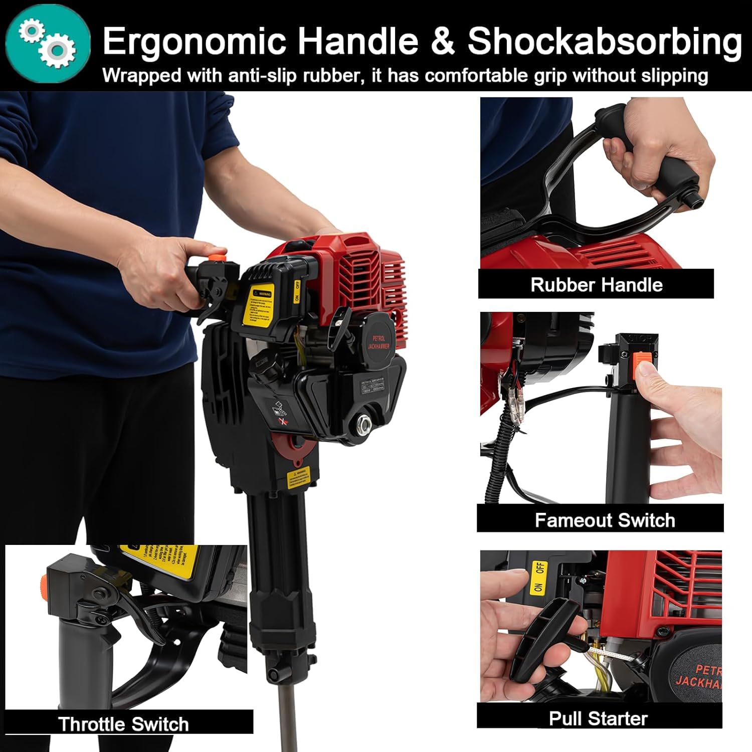 Benzin Gartenbaumgräber 52cc 2 Stroke - Benzin Erdlochbohrer 1500 mal/min Baumpflanzschaufel 1,3L Tank Pfostenlochgräber 1900W Grabmaschine Handbagger Post Hole Digger Hand-Grabenfräse Handhel