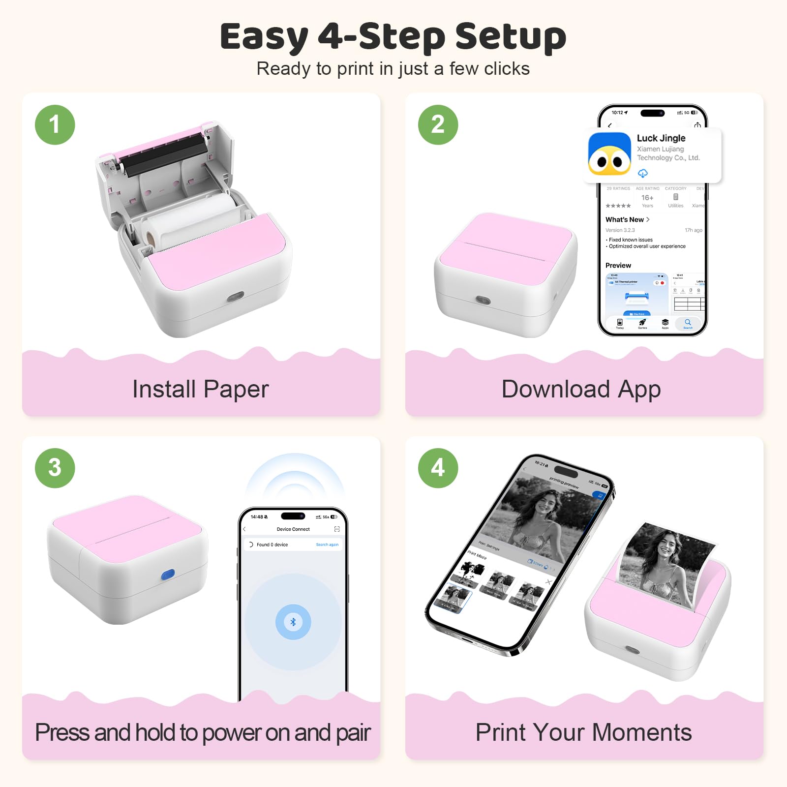 dessports Mini impresora sin tinta rosa - Etiquetadora portátil Bluetooth con cinta y funda