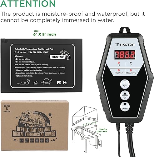 Miniatura 5 de Tikaton Juego combinado de almohadilla térmica para reptiles y termostato digital, calentador debajo del tanque para tanque de 10-20 galones30-40