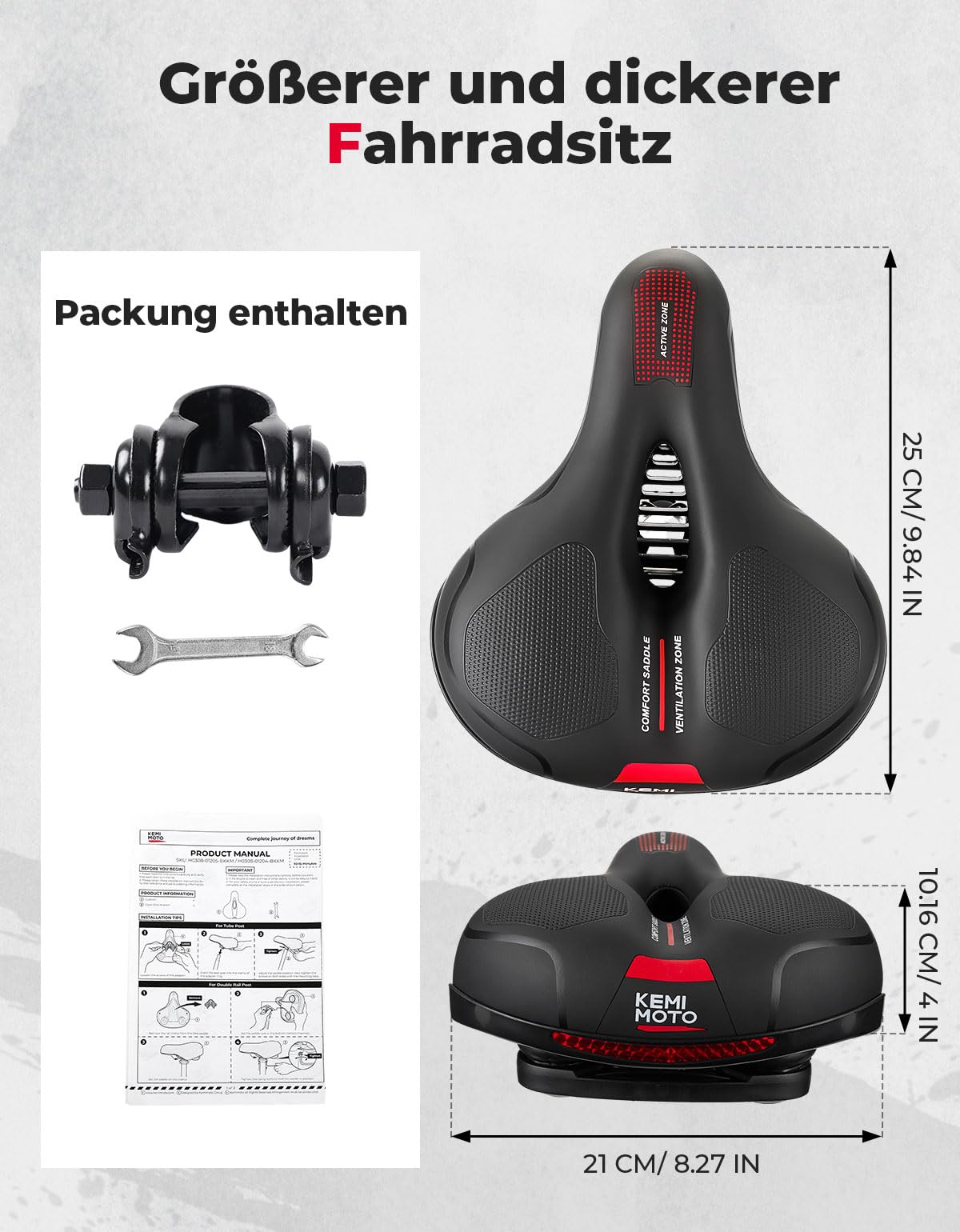 KEMIMOTO Selle de vélo, Large et Douce, Confortable, Respirante, amortissante des Chocs, Selle de vélo Ergonomique pour Homme et Femme, siège de vélo étanche pour vélo de Route, vélo de Ville, VTT