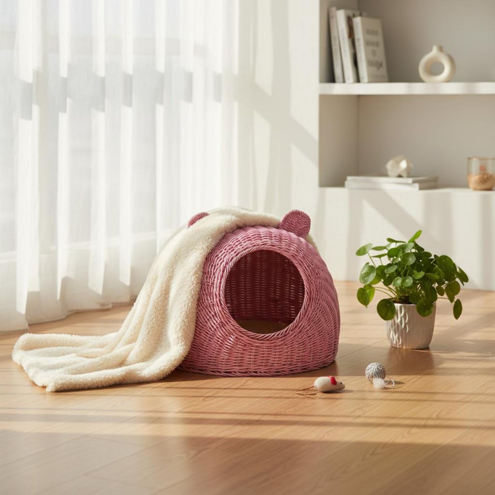 Waschbares Katzenbett Geflochtenes Katzenhaus Katzennest Waschechte Oberfläche Stabile Basis für Ruhebereich Zuhause Katzenpflege, Beige, Klein