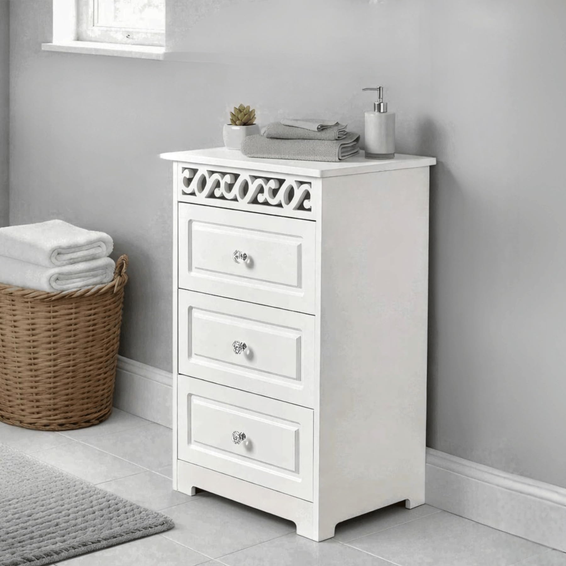 Home Source White Wooden Chest Storage Unit Bedroom Organiser Bedside Tallboy, 3 Drawer