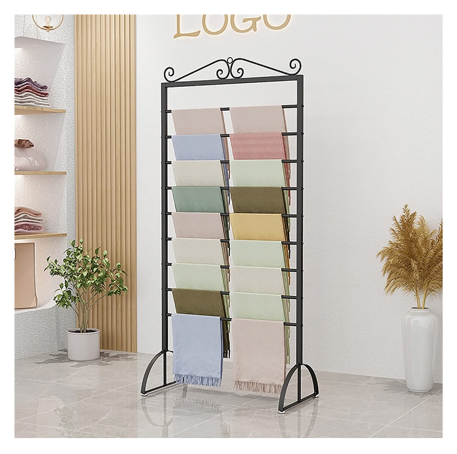 UWYTGF Floorstanding Ribbon Wrapping Paper Organizer Stroage Rack Holder,9 Layer Metal Multi-Purpose Scarf Display Stand for Retail Stores/Flower Shop,Black,Length90Cm