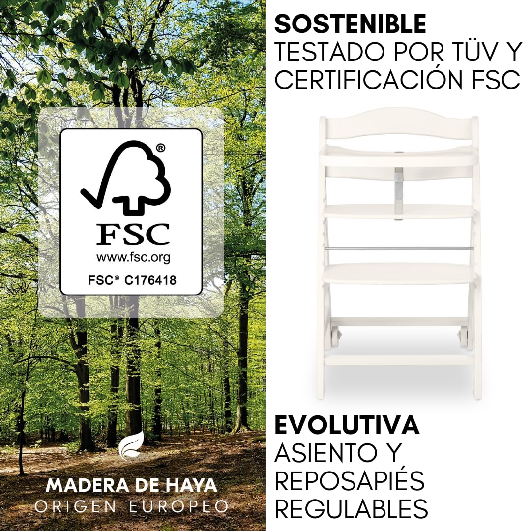 hauck Beta Plus Newborn Set - Trona Evolutiva Madera con Hamaca Bebé Recien Nacido Cojín y Bandeja - Trona Evolutiva Bebe con Ruedas - Silla Evolutiva - Blanco