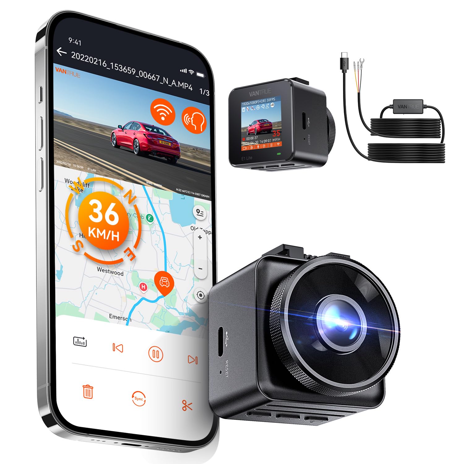 VANTRUE E1 lite Mini Dashcam WiFi vorne 1080P mit USB-C Hardwire Kit, 1,54'' IPS Dash Cam Auto, 160 ° Nachtsicht, 24Std.Parküberwachung, GPS, G-Sensor, Loop Aufnahme