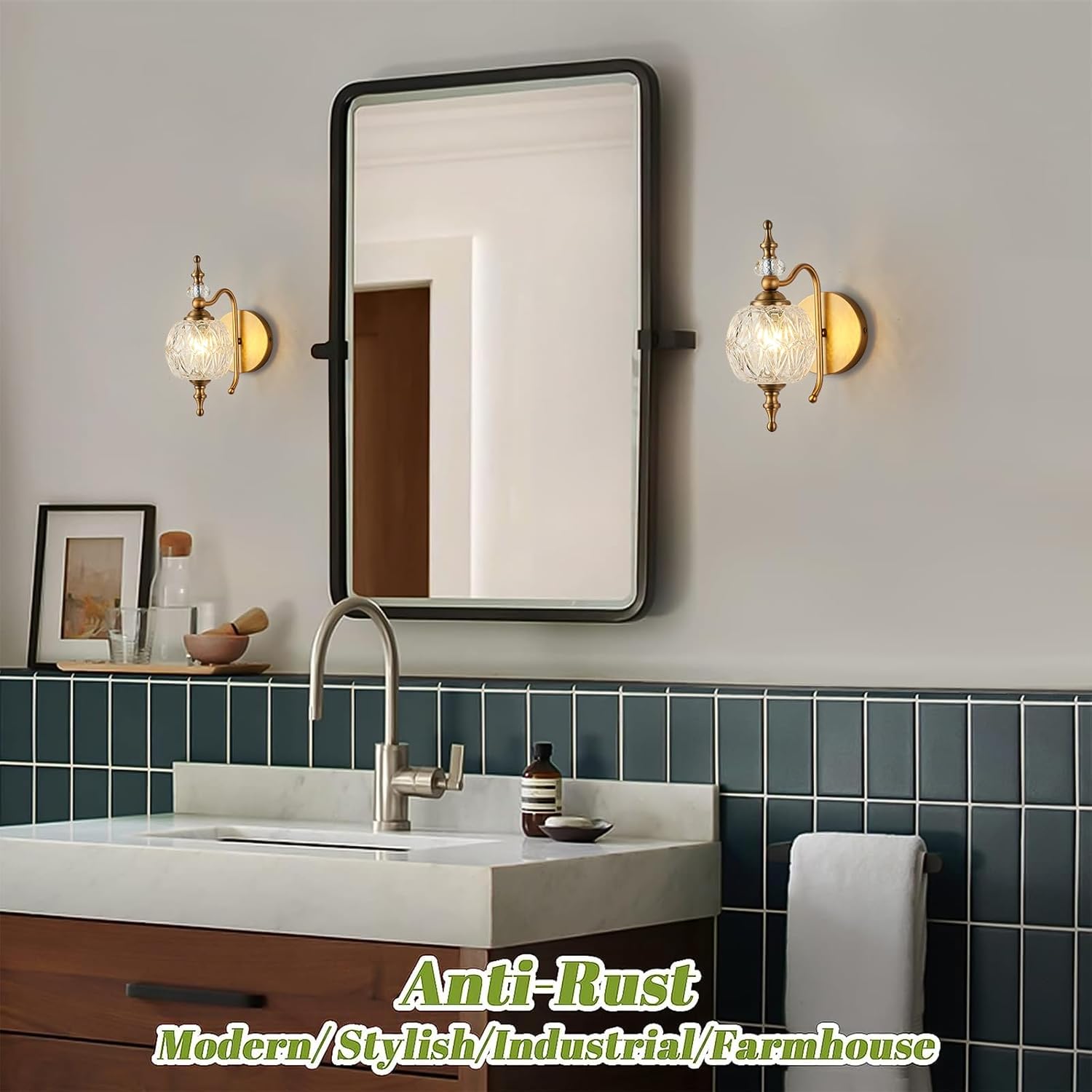 Vintage Bathroom Wall Sconces, 1-Light Wall Light Fixtures with Crystal Glass Shade Retro Bathroom Vanity Light Fixtures for Bedroom Living Room Farmhouse Dinning Room