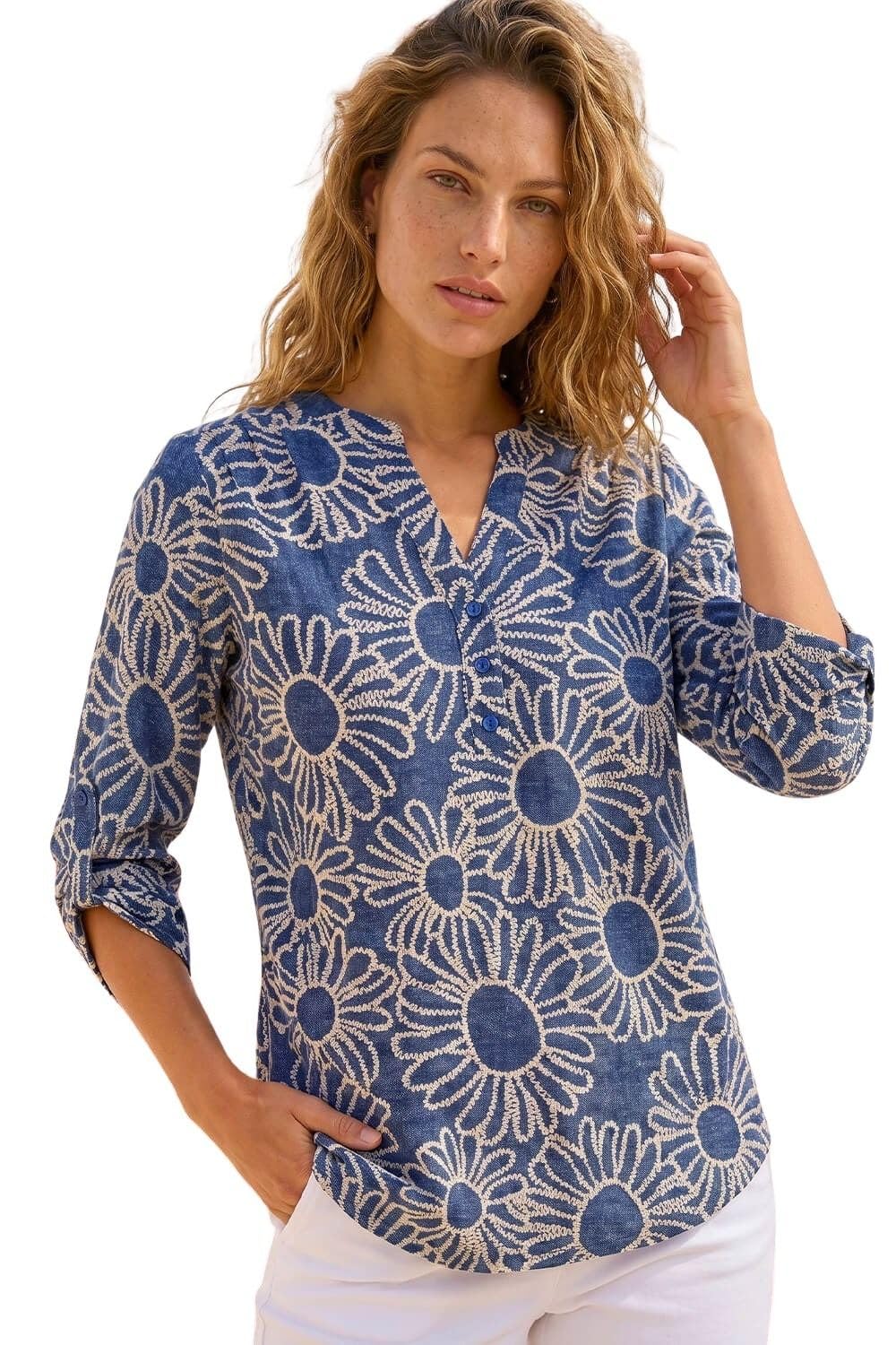Roman Shirt for Women UK Ladies Top Collarless Blouse Stretchy Tunic Smart Casual Autumn Winter Jersey 3/4 Length Sleeve Notch V Neck Flattering Office Work