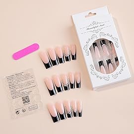 DANMANR Square Fake French Nails False Long Nails Full Cover Acrylic Long Fake Nails for Women and Girls 24PCS (Color 9)