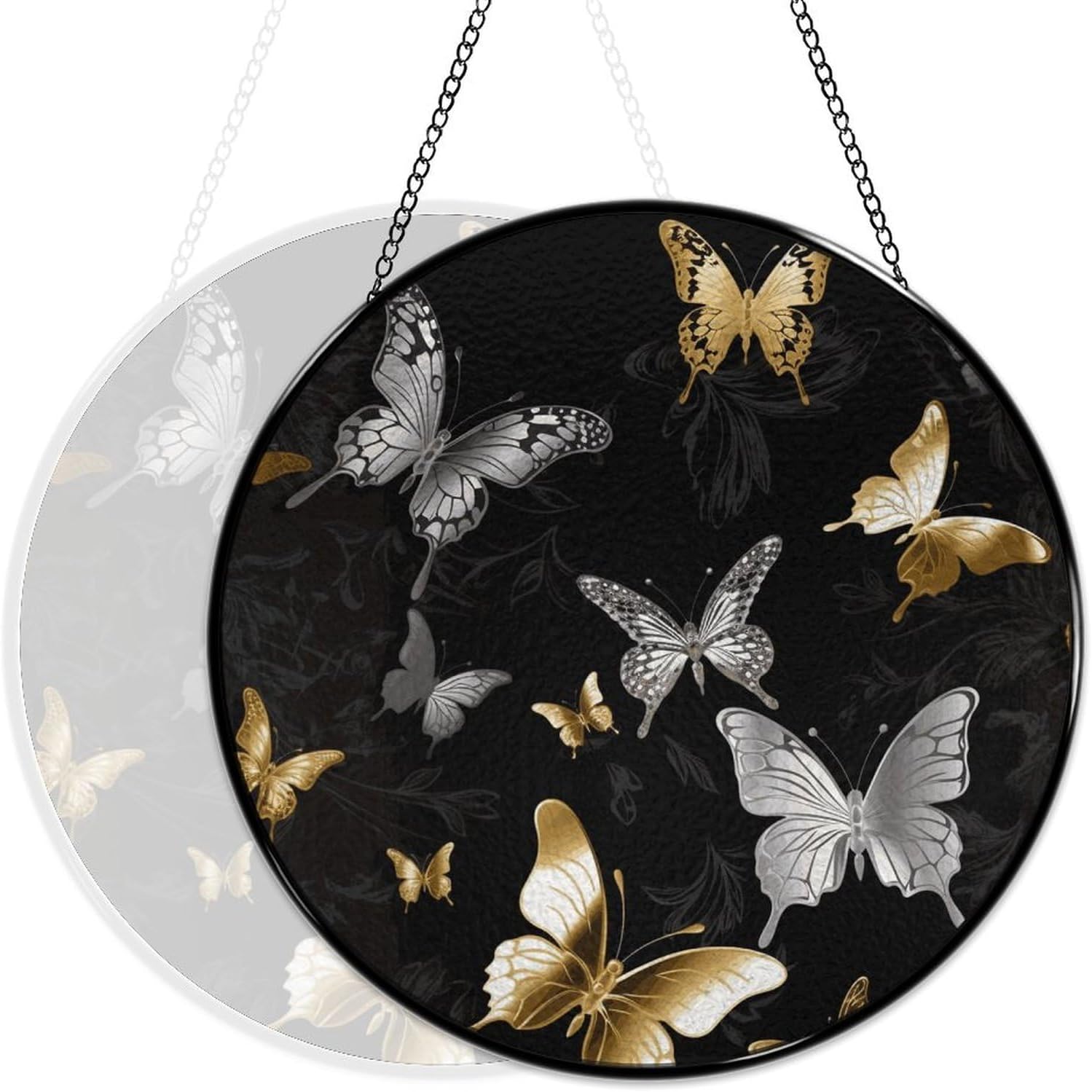 Stained Glass Hanging Sign Suncatcher, Gold White Butterflies