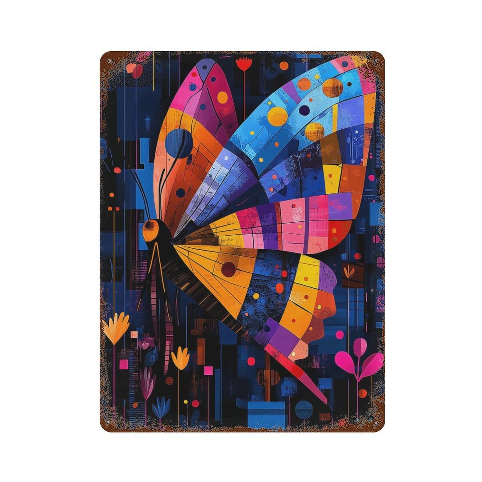 Rustic Tin Plaque with Expressionist Geometry Butterfly Design 15.7"x11.8", for Cafe, Home Bar And Lounge Decor, Industrial Home Decor