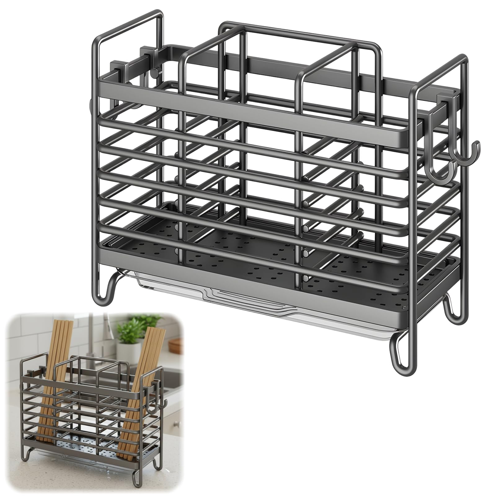 CtiUjdx 1pcs Cutlery Drainer And Kitchen Utensils Holder Grey, Stainless Steel Metal Cutlery Drainer Basket With Drain Holes For Countertop Or Wall Mount, Cutlery Tray For Knives, Forks, Spoons