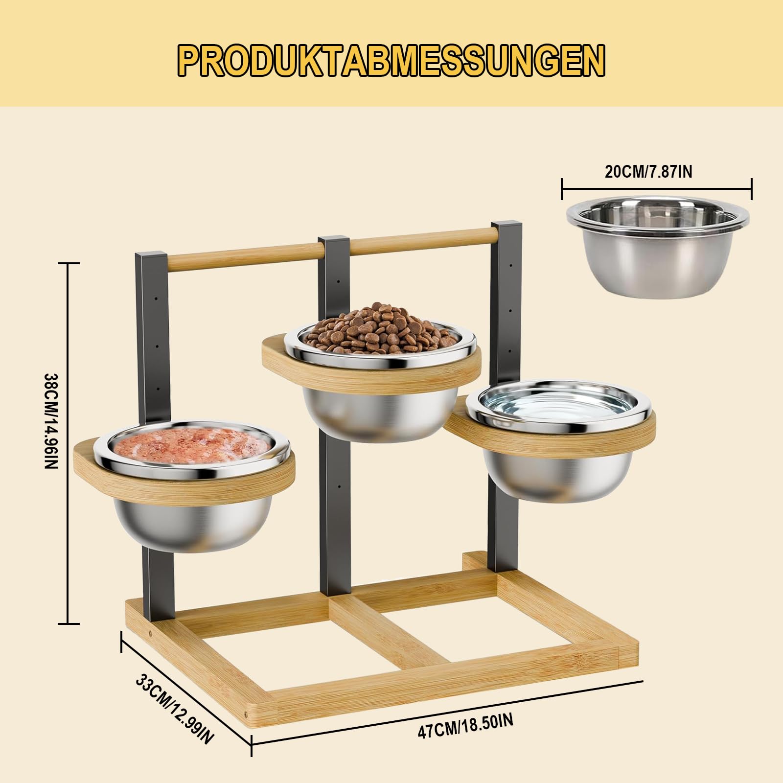 Gamelle surélevée réglable pour Chien, mangeoire en Bambou et métal avec 6 hauteurs réglables de 10 à 30 cm, 3 Bols INOX 304 de 1400 ML, Support Ergonomique pour Chiens Moyens et Grands
