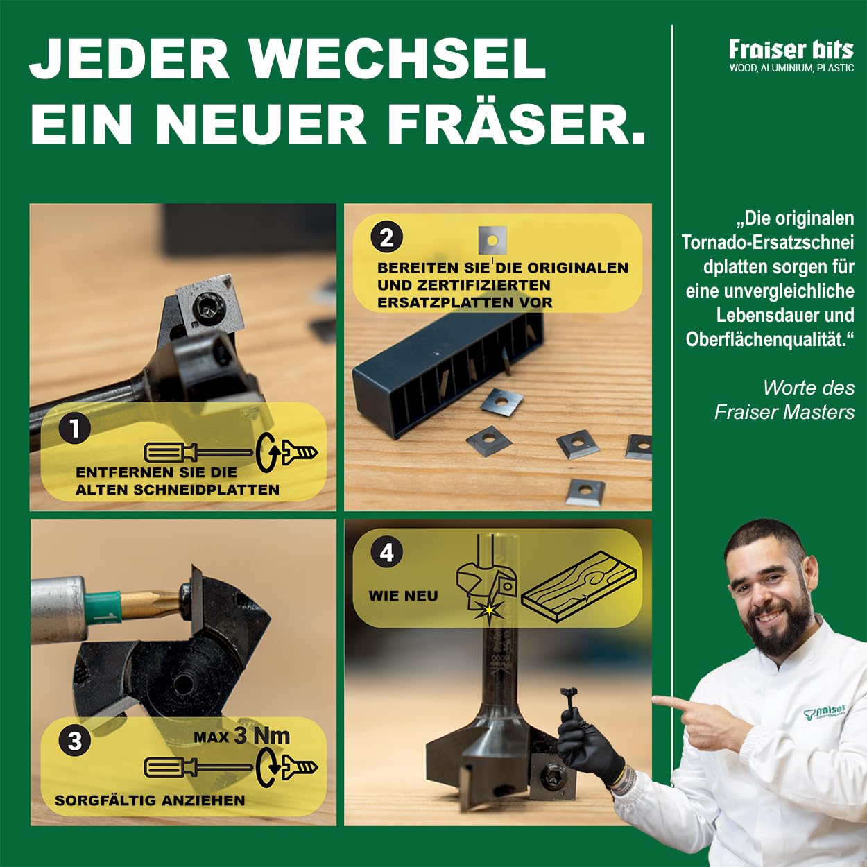 Fraiser Hartmetall-Wendeplatten (HM/Widia) für Planfräser Tornado - 10 Stück (10,5x10,5 mm)