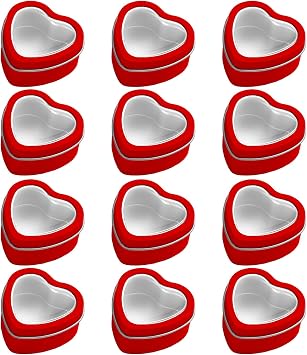 12 Pack Candle Tins, 2oz Empty Heart Shaped Candle Jars for Making Candles, Metal Tins Boxes Candle Containers with Clear View Window Lids, for Wedding Decoration Party Favors, Red