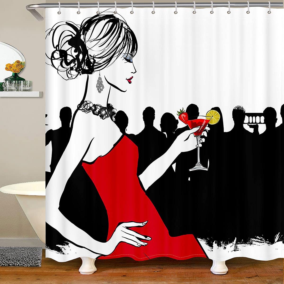 Loussiesd Young Woman Bath Curtain Cocktail Party Shower Curtain Gift for Fashion Sexy Women Girls Bathroom Shower Curtain Set with Hooks Stylish Pop Bar Party Waterproof Cloth Fabric 59x71 Inch