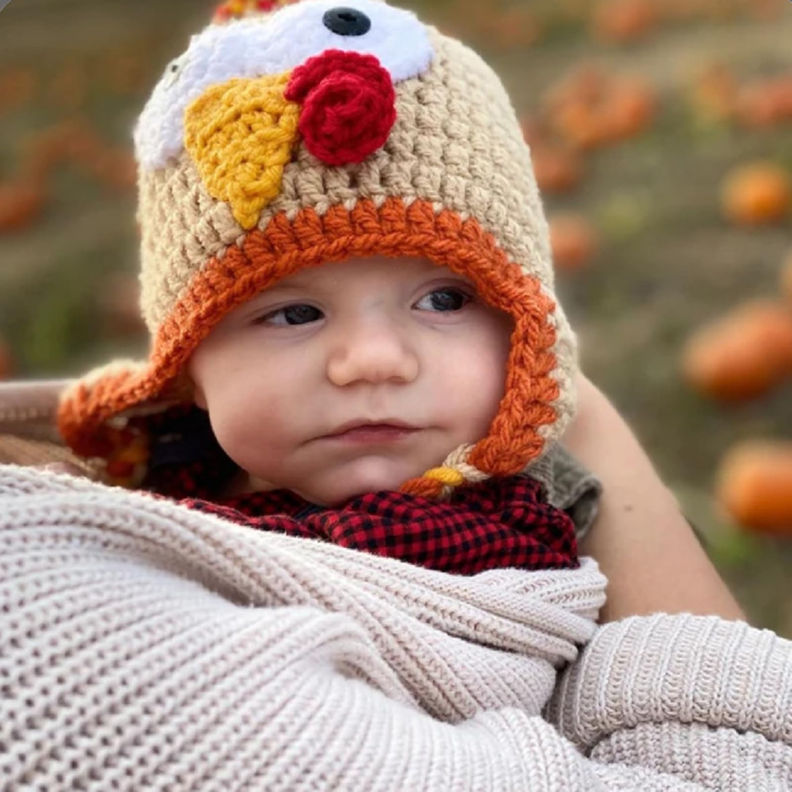 Thanksgiving Kids Baby Turkey Hat Bobbles Warm Knitted Earflap Beanie Winter Cap for Dress Up Cosplay Photo Props Khaki