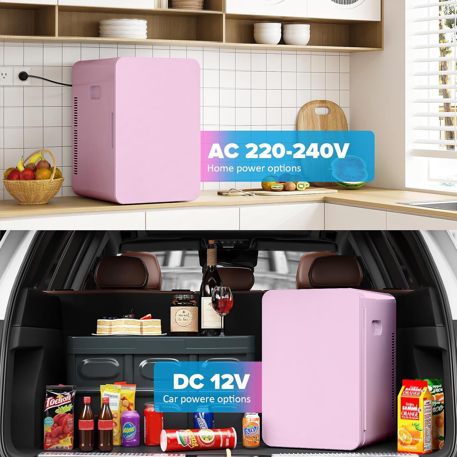 MoraRise 22L Mini Fridge for Bedrooms, 30 Cans Portable Cooler & Warmer Small Fridge, AC/DC Powered, Adjustable Shelves, Home Office, Car, Dorm, Travel, Cosmetics, Skincare, Drinks (Pink, 22L) — view 5
