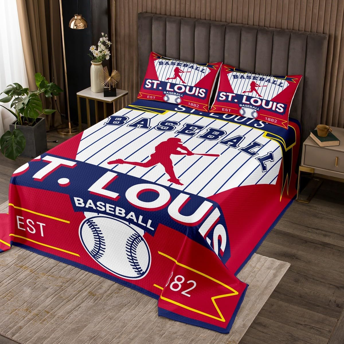 jejeloiu Baseball Gaming Bedspread Queen Size St. Louis Coverlet Set Baseball City Quilted Coverlet for All Season with 2 Pillowcases Sports Game Microfiber Lightweight
