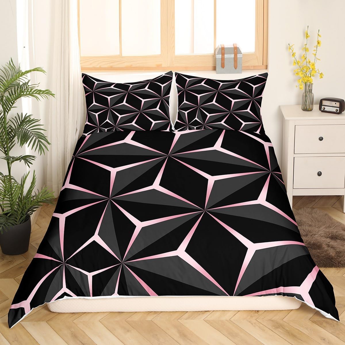Feelyou Neon Honeycomb Duvet Cover King Size,Geometric Stereoscopic Theme Teens Boys Bedding Set,Geometry Adults Bedroom Decoration 3D Pink Print Comforter Cover Set All Season Multi 108 Kin