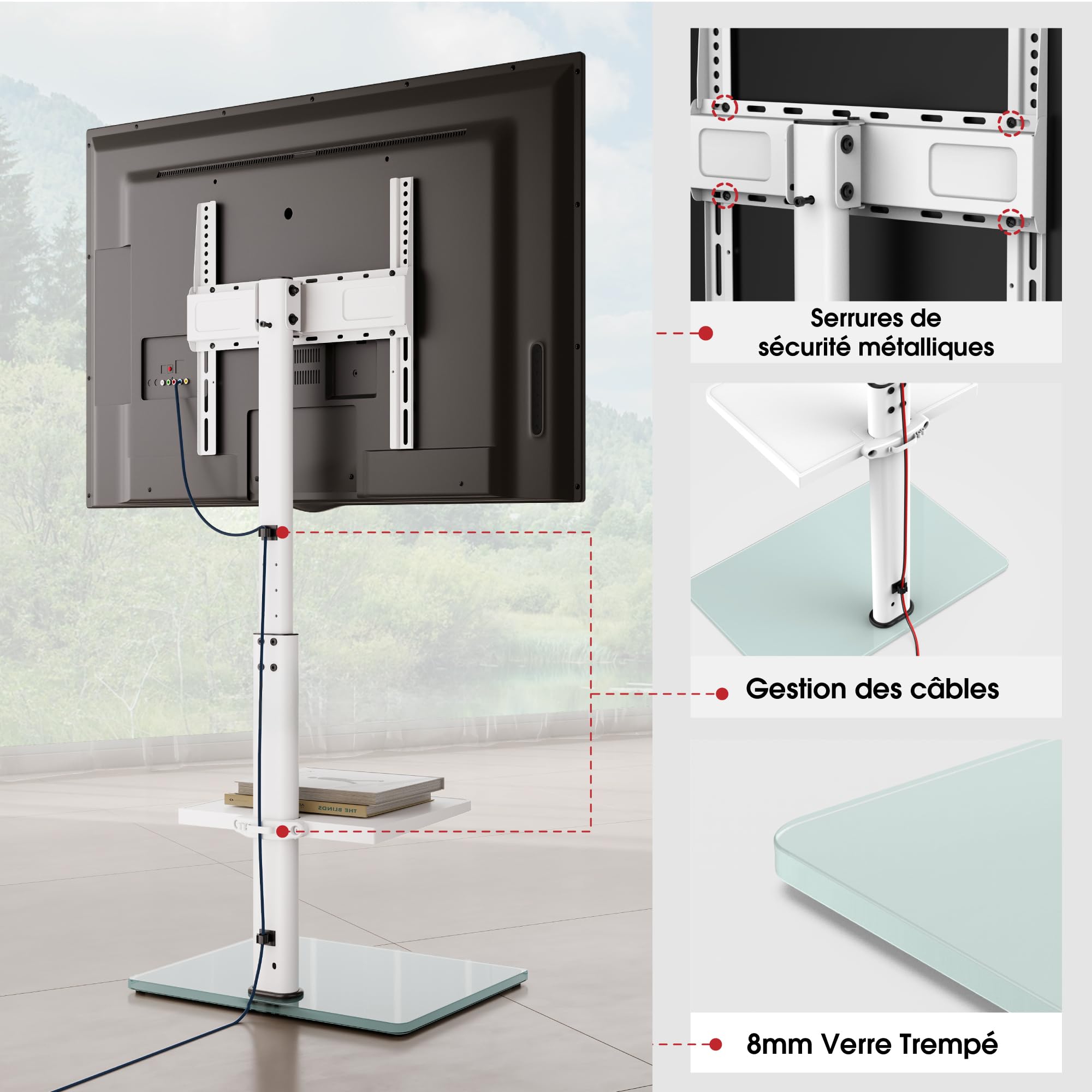AOKCOS Support TV sur Pied pour TV de 32-70 Pouces,Pied TV avec Étagère Réglable en Hauteur Pivotant 60° et Inclinable 12°,Max. VESA 400x400 mm Max. Capacité 40 KG