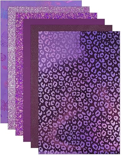 Miniatura 3 de 6 hojas de cuero sintético de 8 x 12 pulgadas, color morado oscuro, purpurina fina y gruesa, holográfica, mariposa, leopardo, litchi, tela de piel