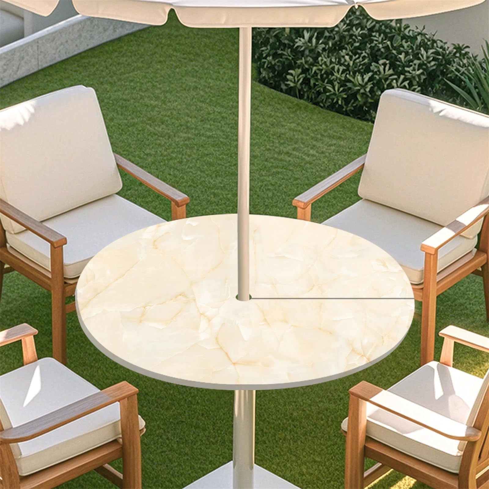 Muiuou Elastic Edge Fitted Round Tablecloth Protector Waterproof Outdoor Circle Tablecloth with Parasol Hole and Zipper, Wipe Clean Table Cover for Garden BBQ Party (Style 13,S(31-35inch))