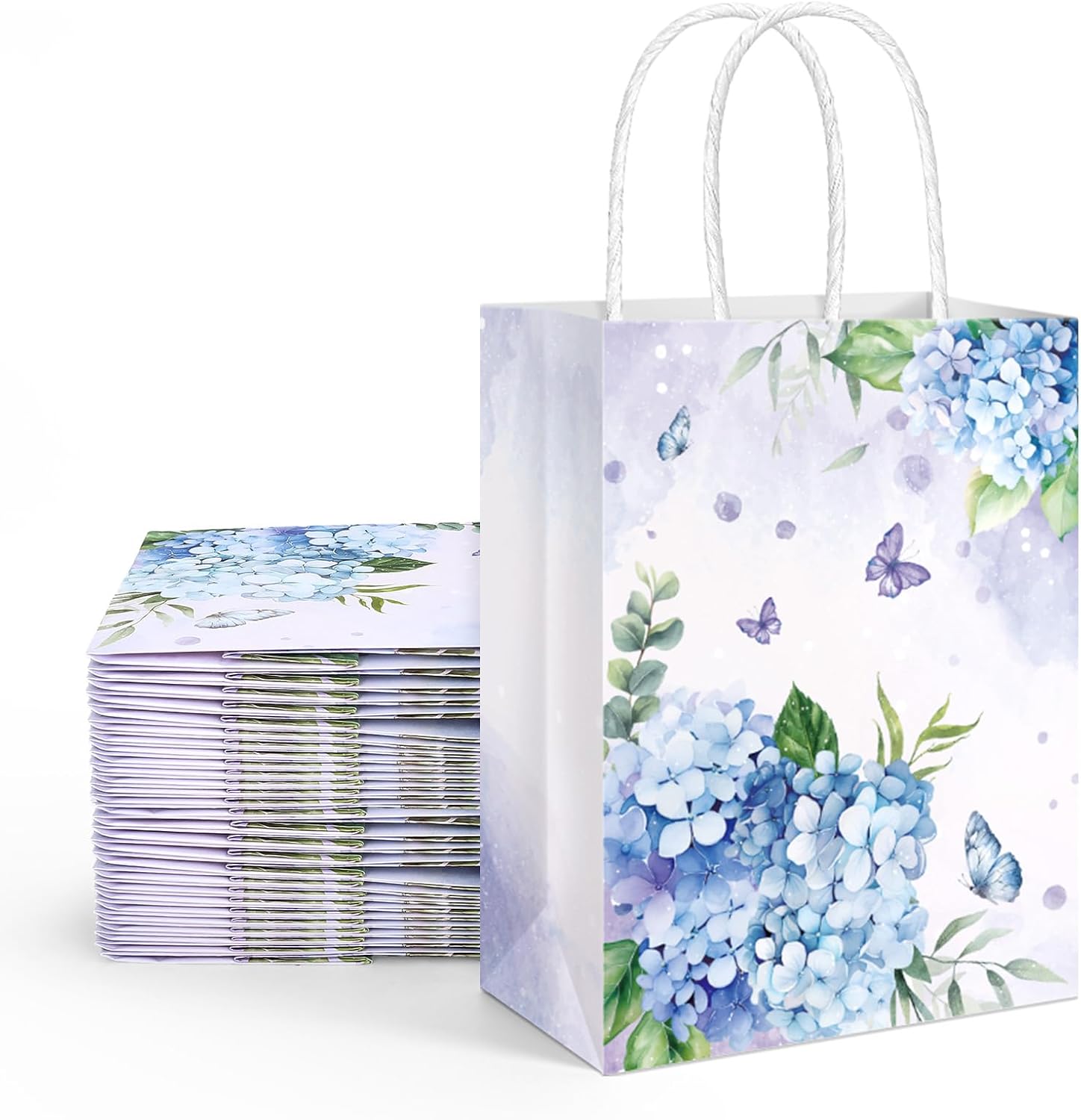 FYSUIMU 16 Pcs Spring Hydrangea Paper Gift Bags Blue Purple Floral Party Favor Bags with Handle Summer Goodie Candy Treat Bags for Wedding Birthday Baby Shower