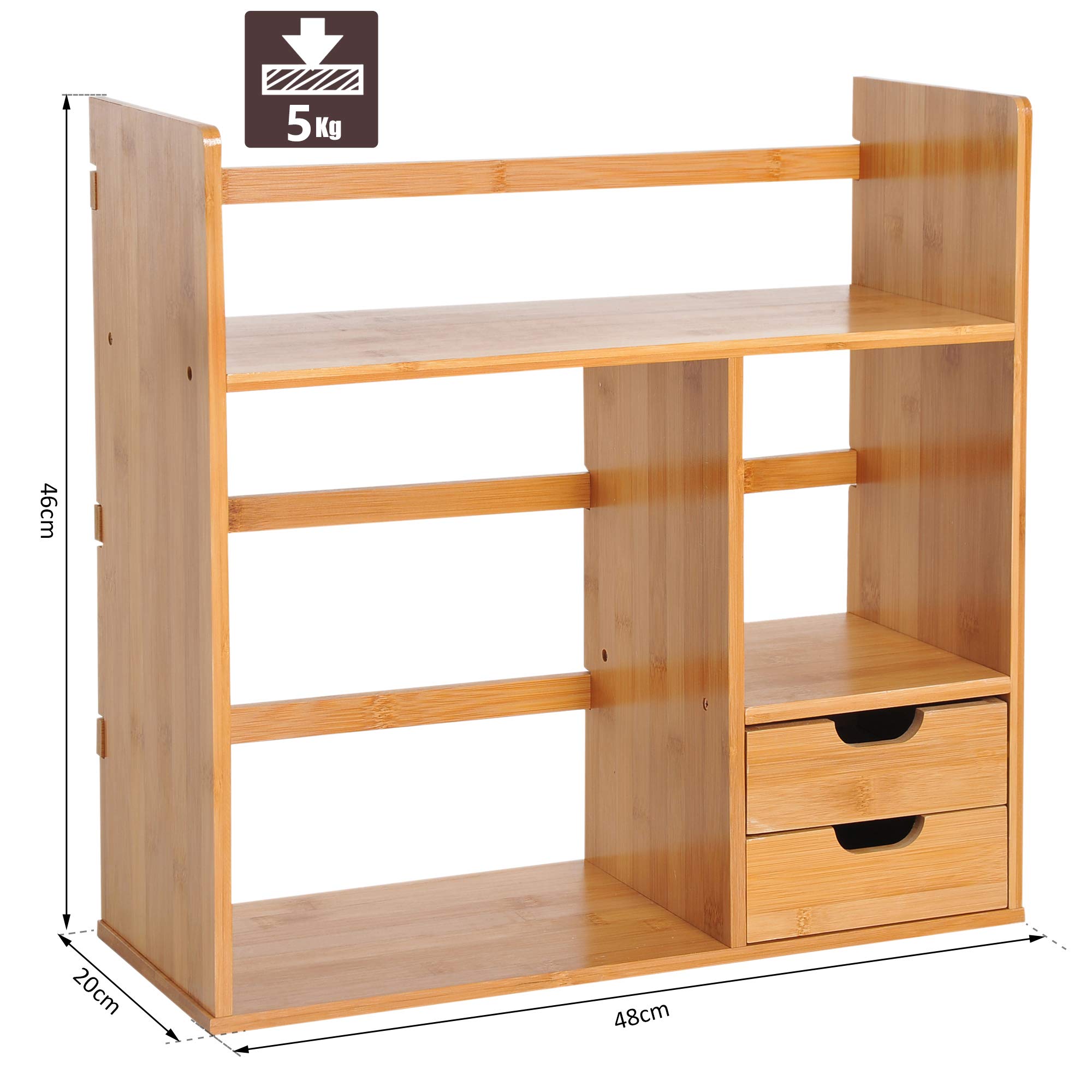 HOMCOM Organiseur de bureau avec tiroirs Bibliothèque multifonctionnel Étagère de Rangement pour Maison École Bureau en Bambou Naturel