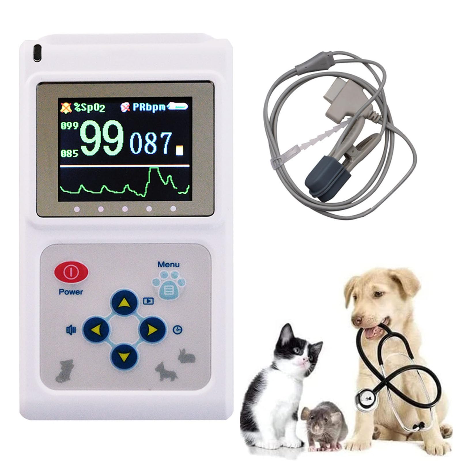 Pulsossimetro Veterinario Portatile con Display A Colori, Sensore Auricolare/Lingua del Monitor della Frequenza Cardiaca, con Sonda E Cavo USB, Funzione di Archiviazione E Riproduzione
