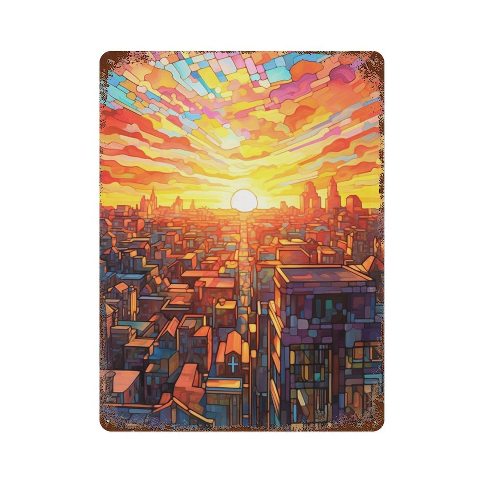 Garage Style Stained Glass Cityscape Sunset Retro Metal Sign 15.7"x11.8", Classic Wall Plaque for Bar And Workshop
