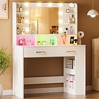 ComHoma Vanity Desk with RGB LED Mirror Lights, Power Outlet & Large Storage - Makeup Dressing Table for Bedroom, White