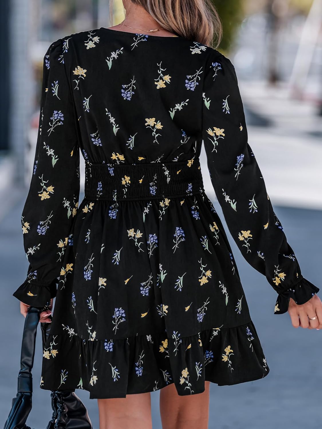 CUPSHE Women Fall Dresses Floral V Neck Long Sleeve Ruffle Hem Smocked High Waist Casual Mini Dress - Image 2