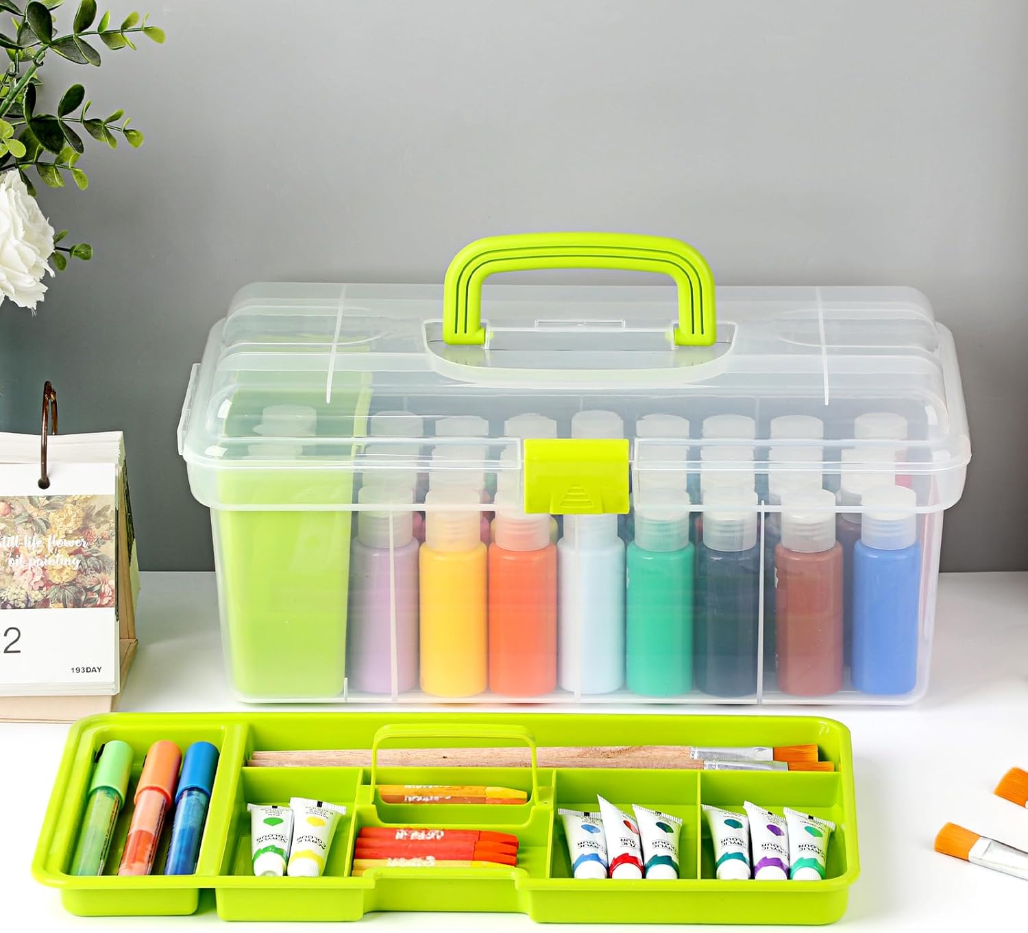 JUXYES Plastic Clear Craft Paint Bottle Storage Box with Divided Tray and Cleaning Cup, Portable Acrylic Paint Storage Organizer Case with Lid, Storage 36 Bottles of 2 fl. oz Acrylic Paints, Green