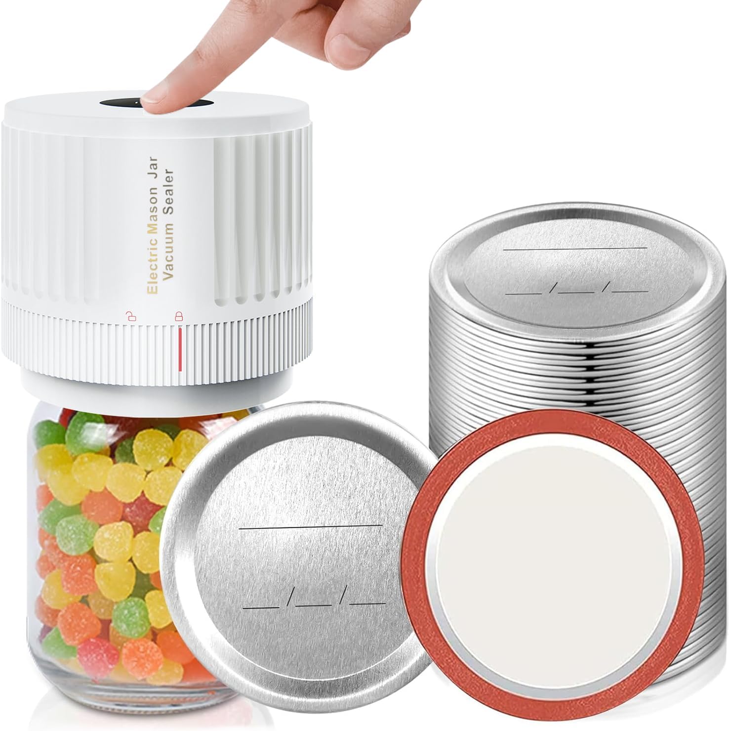 Electric Mason Jar Vacuum Sealer Kit White & Mason Jar Lids and Rings 48Pcs/24 Sets for Wide Mouth