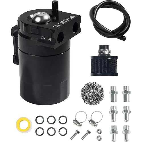 Aluminum Oil Catch Can Reservoirs,Baffled Oil Catch Can Kit,300ml Oil Reservoir Tank,Oil Separator Catch Can with Hose Kit,Universal Oil Catch Can Tank Polish Baffled Reservoir (Black)