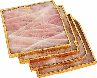 Kaya Crystals Rose Quartz Décor Coaster, Natural Pink Crystal Coasters Gold Edge Set of 4 (Square 3.5-4")