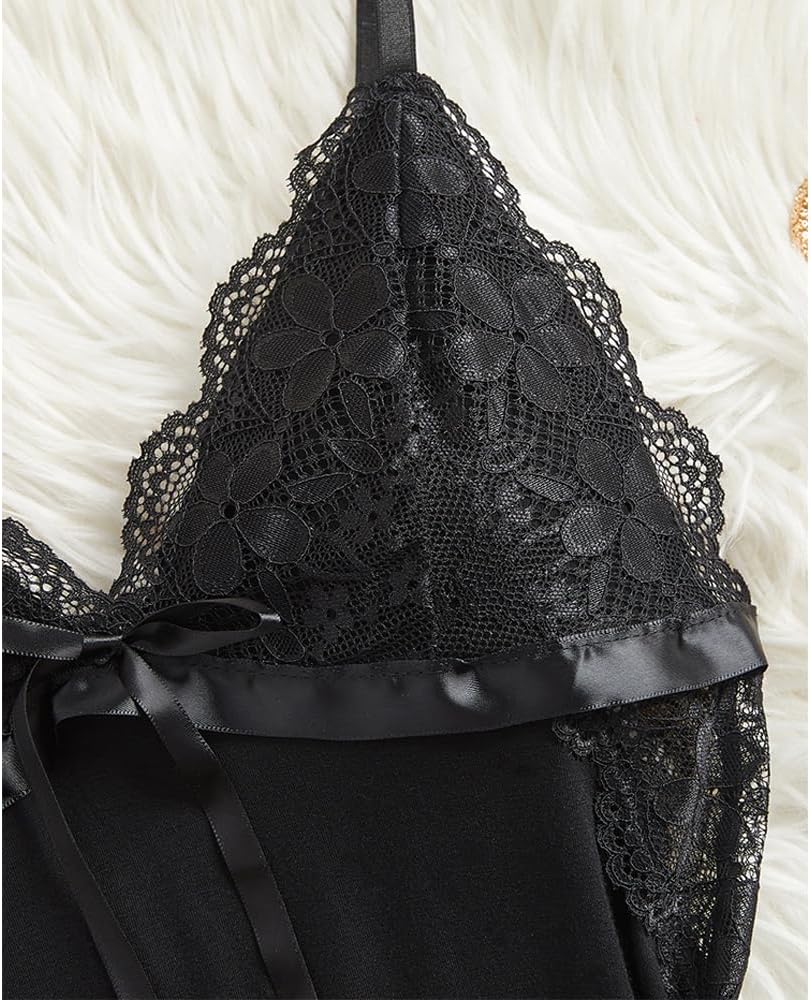 Women's Sexy Floral Lace Strap Nightwear Babydoll Back Cutout Lingerie Dress with Thong 2 Piece - Image 4