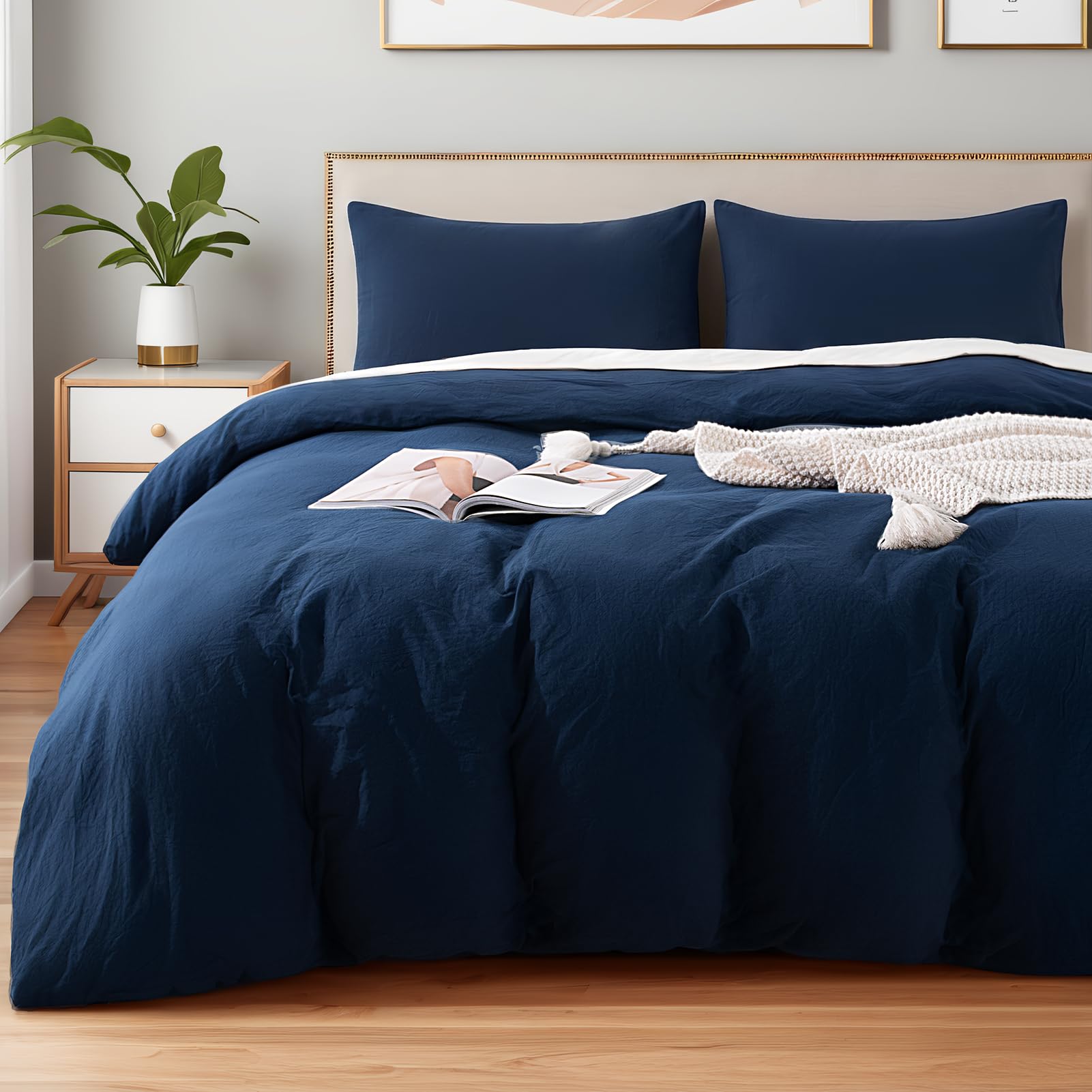 NEXHOME PRO Queen Duvet Cover Set, 100% Certified Organic Cotton with Washed Feel &amp; Linen-Like Texture, Comfortable &amp; Breathable, Home Bedding Set Navy (No Comforter)