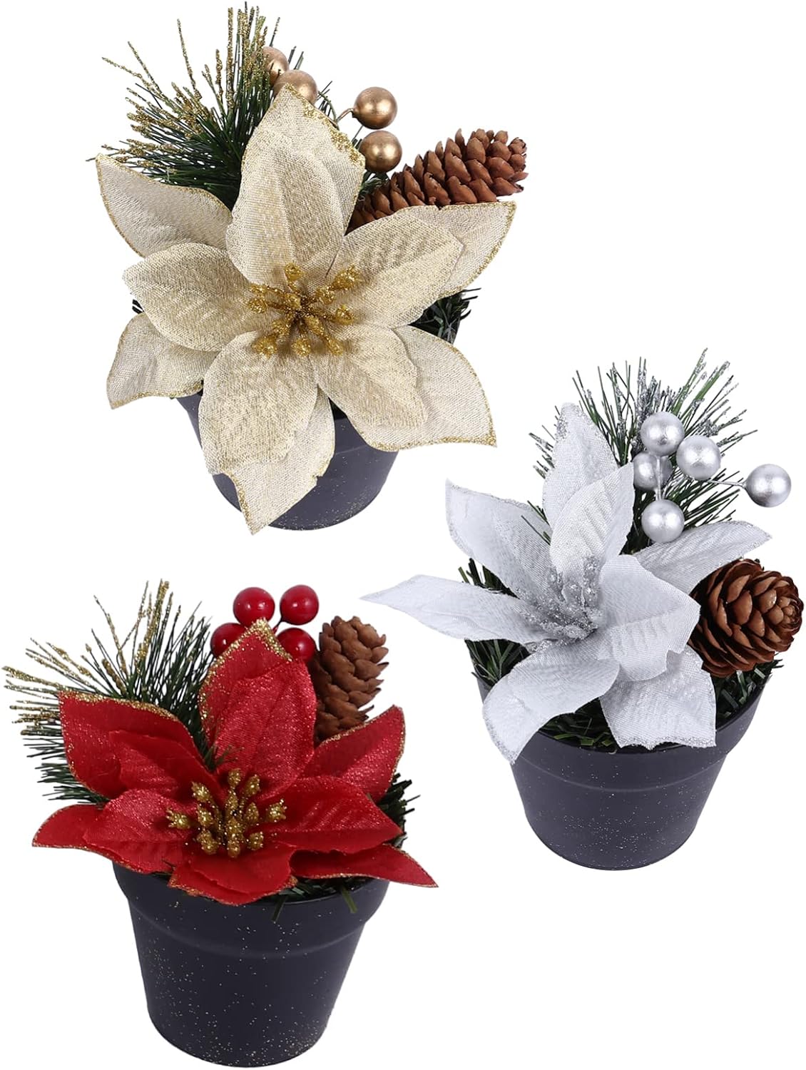 SEWACC 3pcs Christmas Potted Plants Artificial Poinsettia