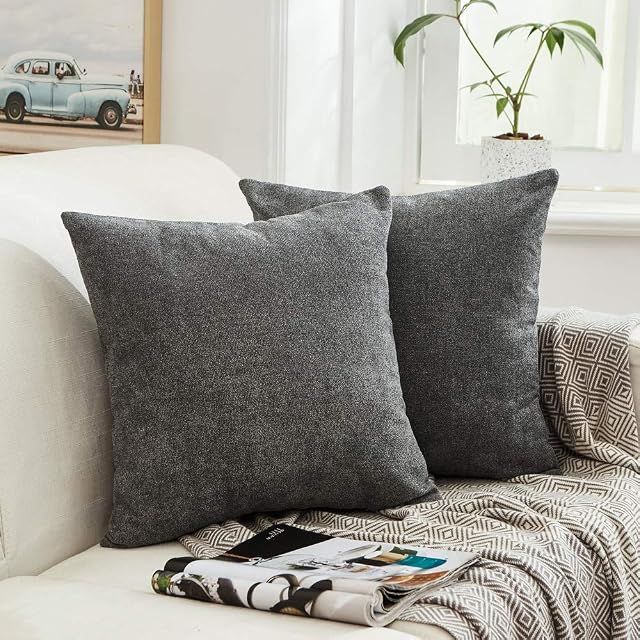 MERNETTE Pack of 2, Thick Chenille Decorative Square Throw Pillow Cover Cushion Covers Pillowcase, Home Decor Decorations For Sofa Couch Bed Chair 18x18 Inch/45x45 cm (Charcoal)