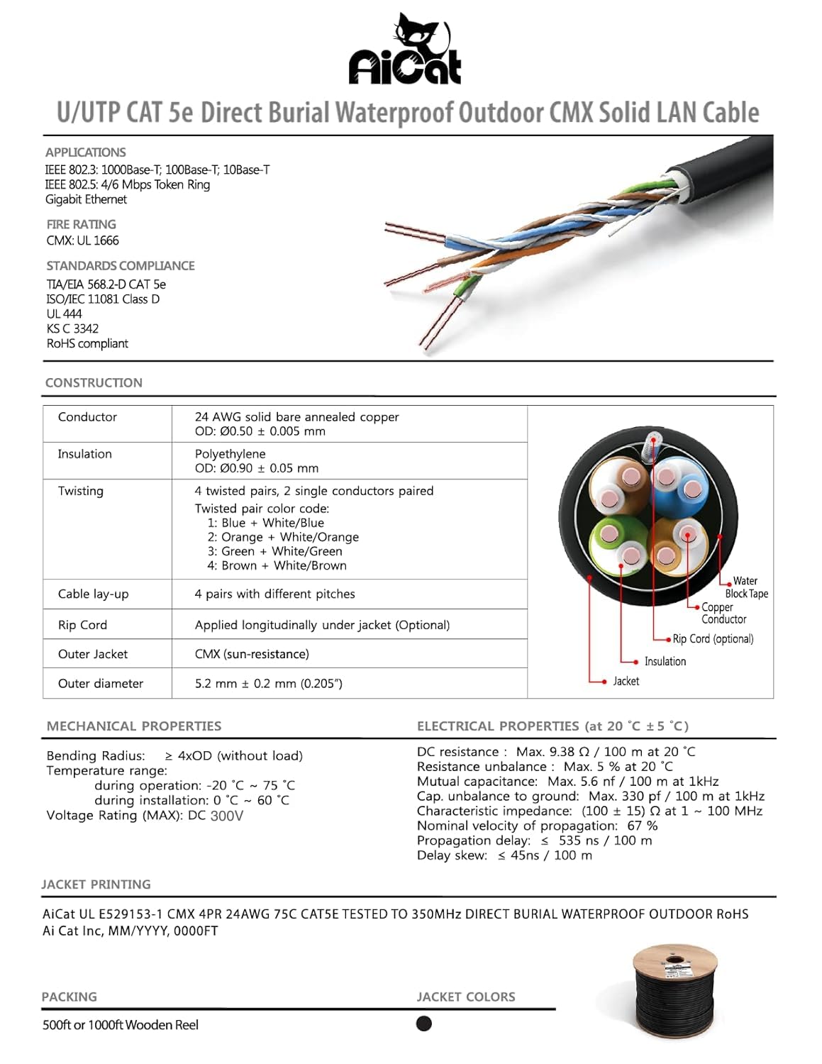 AiCat Direct Burial - Cable Ethernet para exteriores de 500 pies, cable impermeable CMX, UTP para red pesada y cable Ethernet para juegos (Cat5e, blanco)