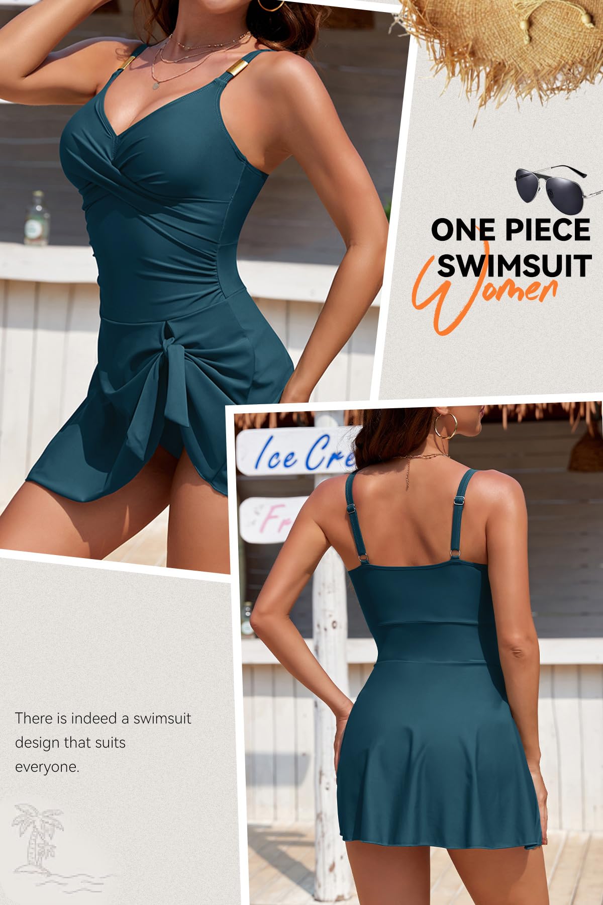 SHEKINI Einteiliger Damen-Badeanzug, Bauchkontrolle, gepolstert, gedrehte Vorderseite, Badekleid mit Slip