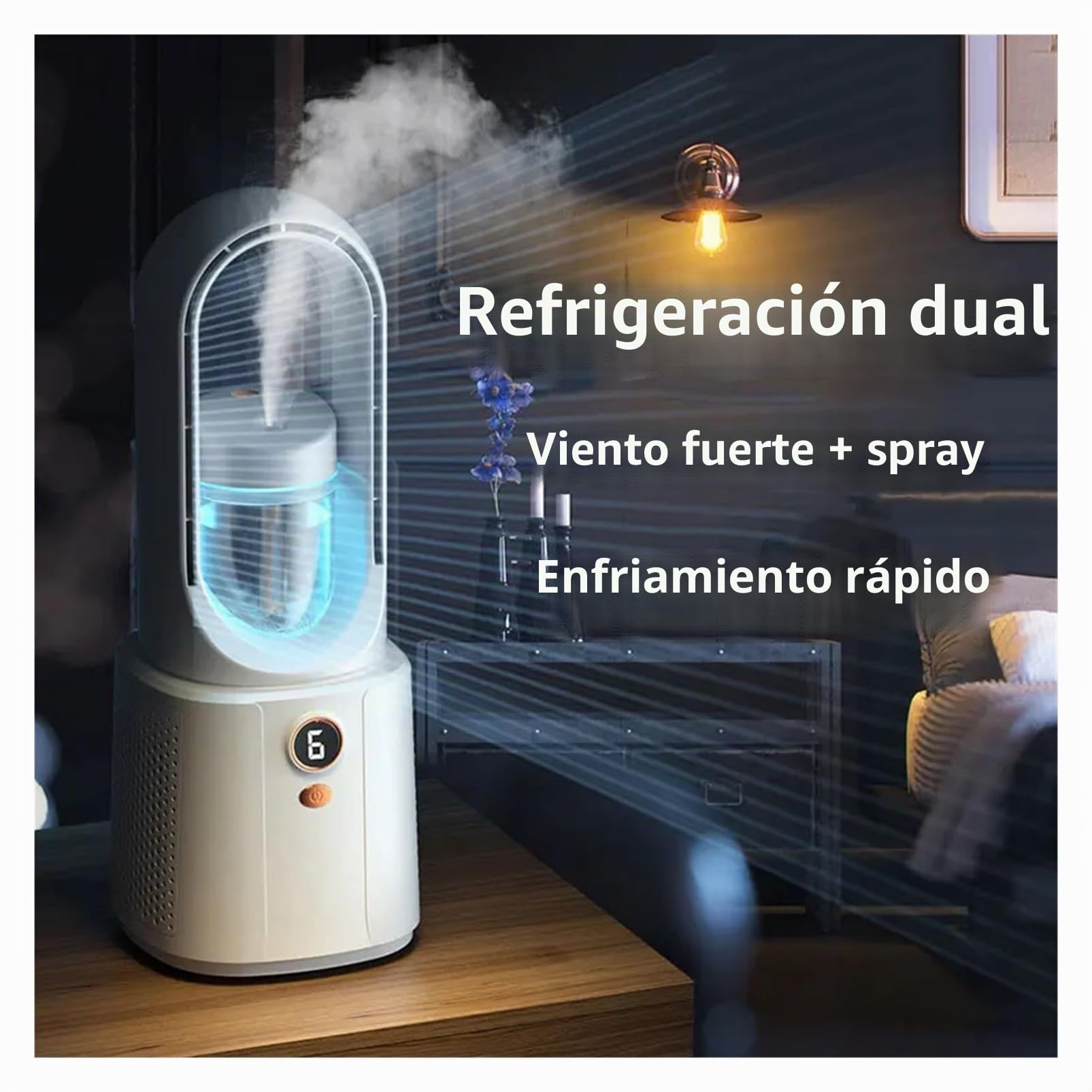 Ventilador de refrigeración con humidificador y luz nocturna, aire acondicionado silencioso portátil, 6 velocidades ajustables para oficina y dormitorio, escritorio y mesita de noche