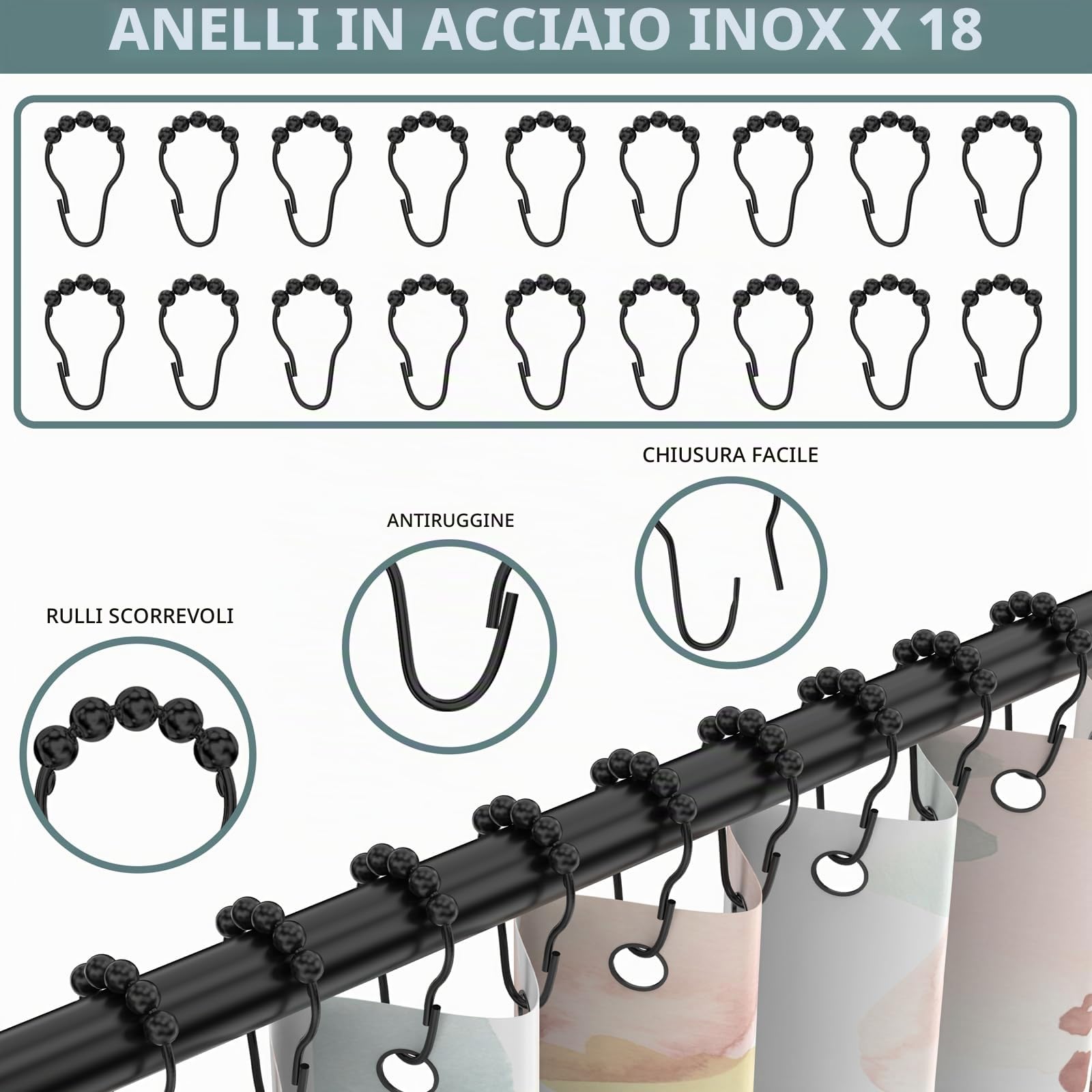 Asta Per Tenda Da Doccia A Forma Di L Regolabile, Asta Per Doccia in Acciaio Inox Inclusi 18 Anelli Richiede Foratura e Non Richiede Staffe A Soffitto, Per Spogliatoio e Bagno (70-100×70-100 cm, Nero)