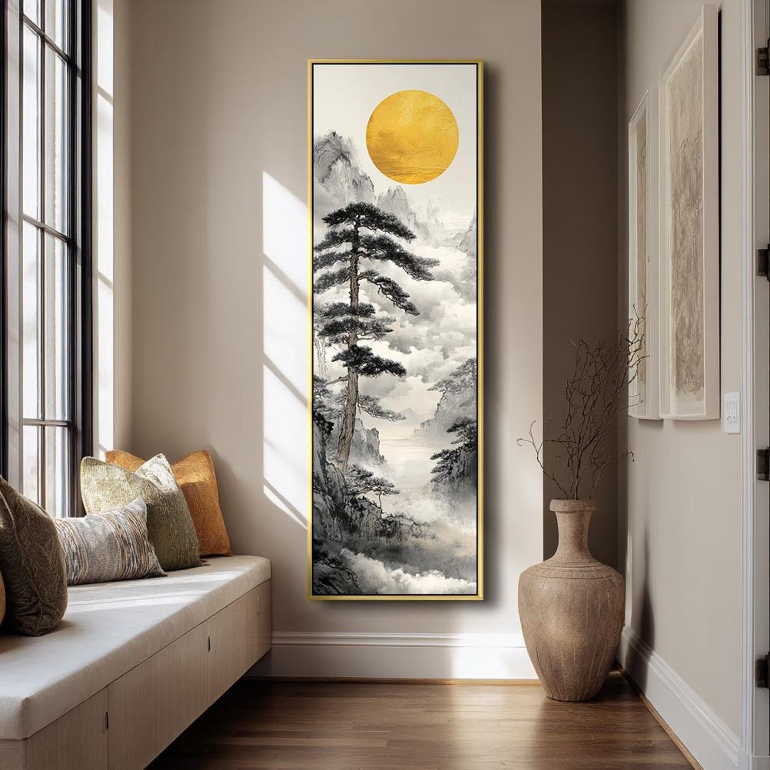 XBTYKPB Quadro su tela stretto e sottile, raffigurante una foresta, con stampa verticale incorniciata, ideale per decorare stanze, corridoi e uffici (35x105 cm/senza cornice).