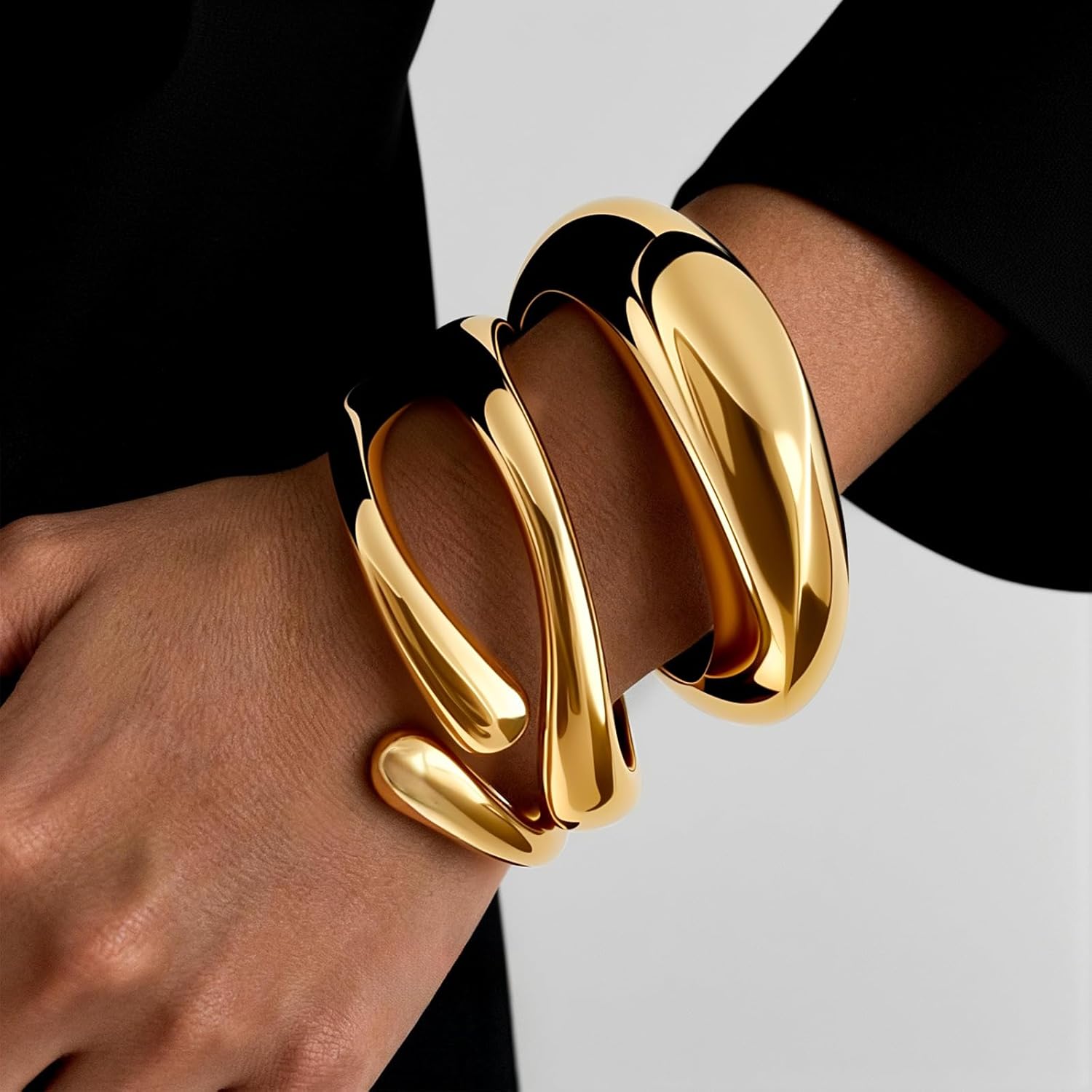 Chunky Gold Bangle Bracelets for Women, 3PCS Dainty Gold Plated Cuff Bracelet Big Stackable Bangles Set, Trendy Statement Chunky Bracelet Stack Fashion Jewelry Gifts - Image 2