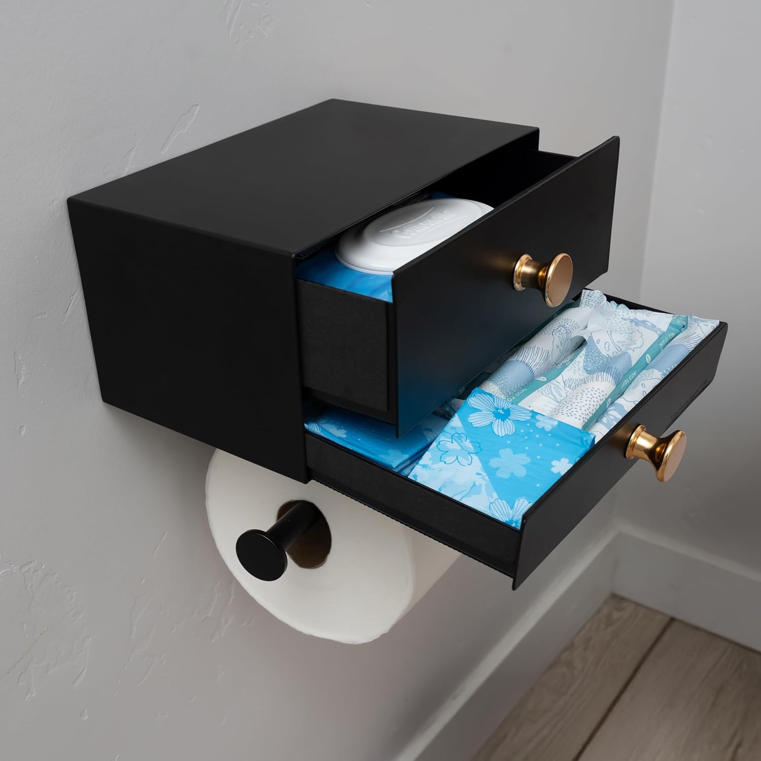 Modern Toilet Paper Holder with Storage Drawers - Toilet Paper and Wipes Holder for Bathroom - Aluminum TP Holder with Shelf and Drawers - Adhesive or Wall Screw Mounting - (Black/Gold Knobs)